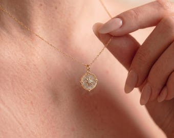 Dainty Gold Compass Coin Pave Necklace, Compass Necklace, North Star Necklace, Celestial Necklace, Travel Lover Gift, Christmas Gift for her