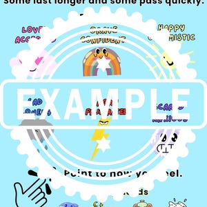 May include: A light blue educational chart titled Feelings come and go like the weather. Some last longer and some pass quickly. It features cartoon illustrations of emotions including a rainbow, sun, storm cloud, lightning bolt, shark, penguin, bear, and cat.