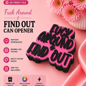 Könnte beinhalten: Ein 3D-gedrucktes Objekt mit dem Text "FUCK AROUND & FIND OUT" in schwarzen Buchstaben mit pinkfarbenem Umriss. Das Design wird als digitale Datei für den 3D-Druck präsentiert, mit Textbeschriftungen wie "3D PRINT FILE", "INSTANT DOWNLOAD", "BAMBU LAB TESTED" und "MULTI-COLOR READY" auf einem pinkfarbenen Hintergrund.