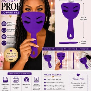 Puede incluir: Un accesorio de pestañas morado de mano con un rostro estilizado de ojos cerrados y pestañas largas. El accesorio mide 140 mm de ancho por 203 mm de alto y 3 mm de grosor. Es un archivo de impresión 3D digital para mapeo de pestañas.