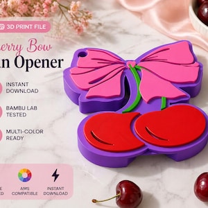 May include: A 3D-printed can opener in the shape of cherries and a bow. The can opener is purple with red cherries and a pink bow. The text "Cherry Bow Can Opener" is visible in the image.