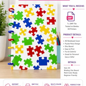May include: A 3D printable A5 notebook cover with a puzzle piece pattern in red, blue, yellow, and green. The disc-bound design features colorful plastic discs along the spine. The digital file includes text details about 3MF file compatibility.