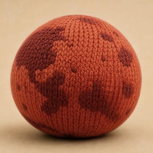 May include: A spherical object crafted from knit fabric, featuring a textured surface with a pattern of dark reddish-brown and lighter orange-red patches. The round item displays a consistent, dense knitted stitch throughout its entire exterior.