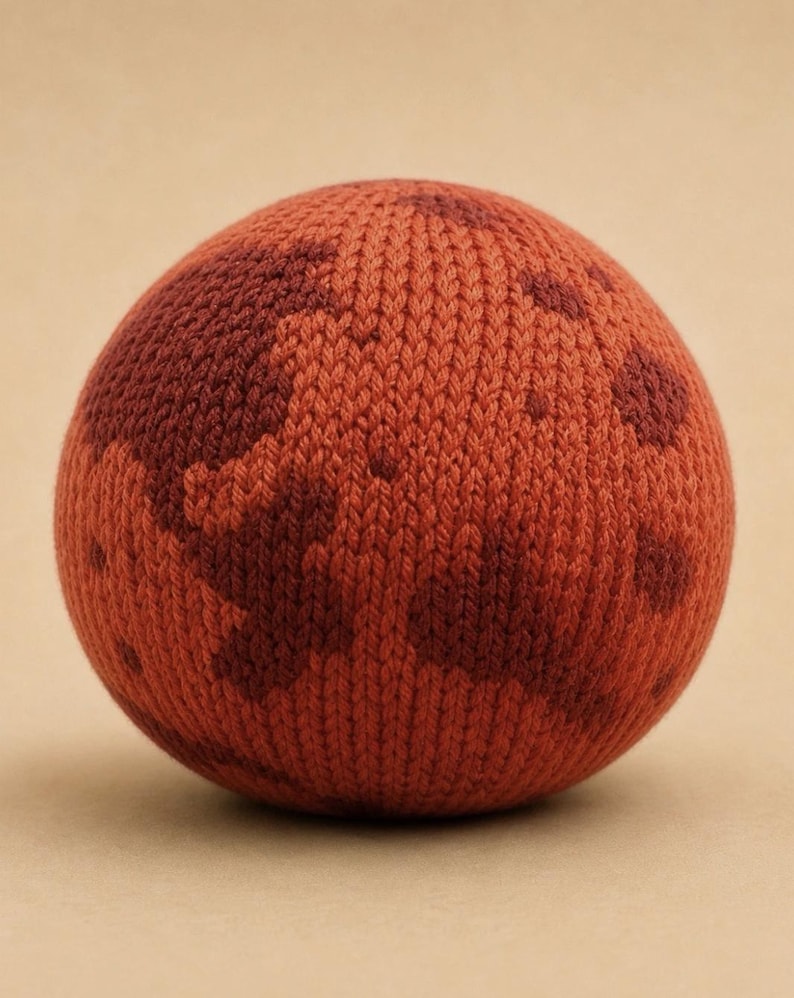 May include: A spherical object crafted from knit fabric, featuring a textured surface with a pattern of dark reddish-brown and lighter orange-red patches. The round item displays a consistent, dense knitted stitch throughout its entire exterior.