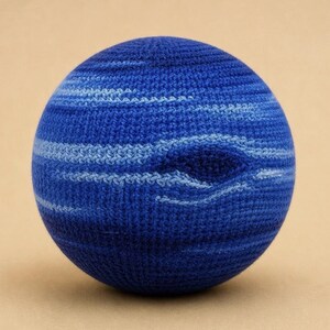 May include: A spherical object crafted with blue yarn, featuring a textured crochet stitch pattern. The surface displays horizontal bands of varying shades of blue, ranging from deep navy to lighter sky blue, creating a swirling, cloud-like effect.