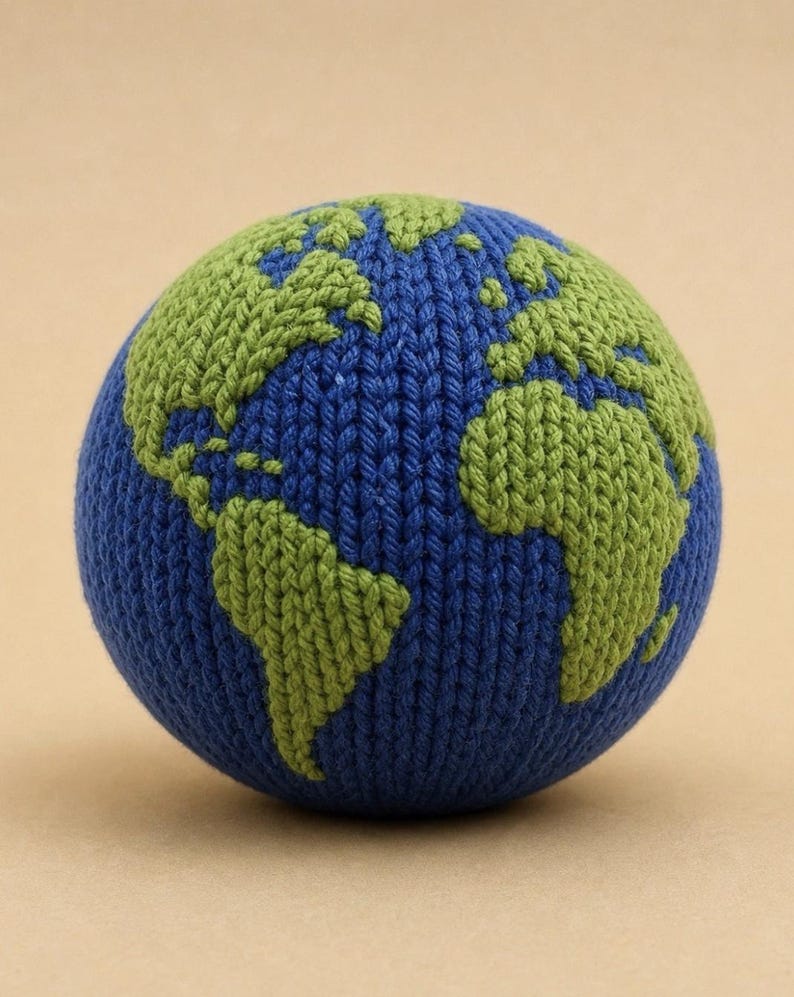May include: A spherical, knitted globe featuring a deep blue background representing the oceans and textured, light green yarn detailing that forms the shapes of the continents. The surface has a consistent, visible knit stitch pattern throughout.