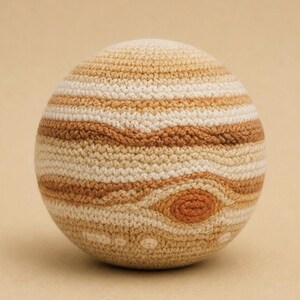 May include: A spherical crochet object featuring horizontal bands of cream, beige, and tan yarn. The surface displays a textured, wavy pattern with a prominent, darker orange oval shape resembling a storm, crafted with intricate hand-stitched detail.