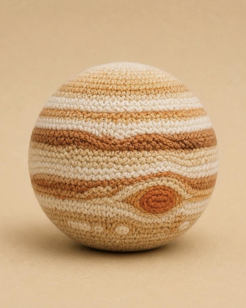 May include: A spherical crochet object featuring horizontal bands of cream, beige, and tan yarn. The surface displays a textured, wavy pattern with a prominent, darker orange oval shape resembling a storm, crafted with intricate hand-stitched detail.