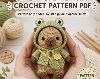 Schema per realizzare un capibara cucciolo all'uncinetto (PDF): Guida per realizzare un amigurumi con felpa a forma di rana (download digitale)