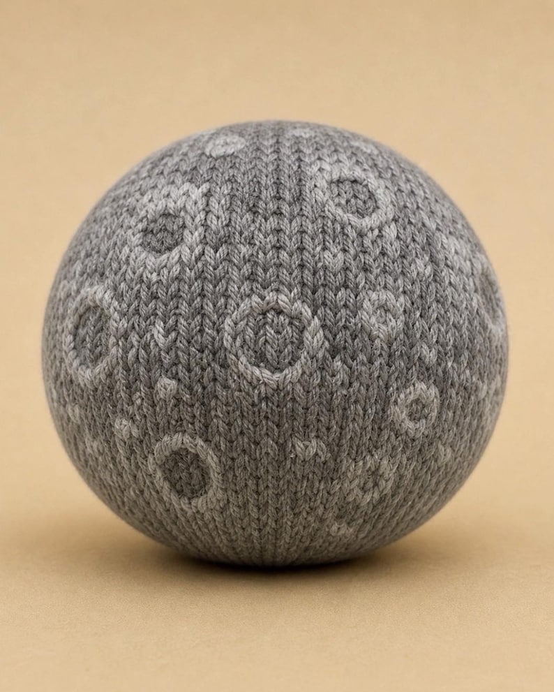 May include: A spherical object made of grey knitted yarn, featuring a textured surface with lighter grey circular patterns that resemble craters on the moon. The knit construction is visible throughout the entire surface of the round item.