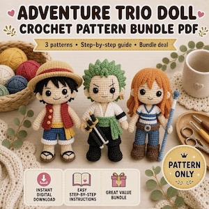 May include: A digital PDF crochet pattern bundle for three dolls featuring characters with black, green, and orange hair. The dolls wear detailed outfits including a straw hat, a green sash, and a blue striped shirt. Text includes ADVENTURE TRIO DOLL.