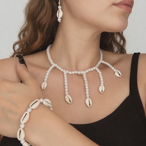 Boho Cowrie Shell Necklace Bracelet Earrings Set – Senegal Handmade Jewelry