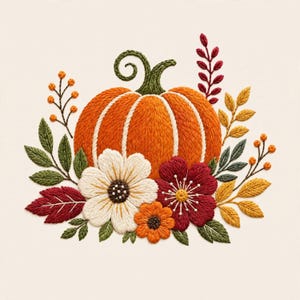 May include: An embroidery design featuring a central orange pumpkin with a green stem, surrounded by white, dark red, and orange flowers, green leaves, and sprigs of small orange berries, all rendered in detailed thread stitching on a light fabric.