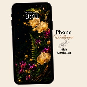 May include: A smartphone displaying a digital wallpaper featuring golden and purple orchids set against a dark, foliage-filled background with glowing light particles. The text "Phone Wallpaper" and "High Resolution" appears to the right.