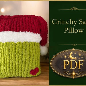 Grinchy Santa Pillow PDF Pattern | Chunky Hand Knit Christmas Pillow Tutorial
