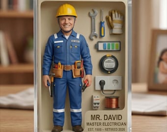 Custom Electrician Action Figure Acrylic Block, Personalized Retirement Gift for Electrician Dad, Husband, Retired Electrician Keepsake