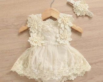 Cream Lace Baby Romper | Boho Girl Outfit | 1st Birthday & Photo Prop Outfit