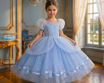 Cinderella Prinzessinnen Kleid für Mädchen - Blaues Feen Ballkleid - Geburtstagsparty Cosplay Kostüm
