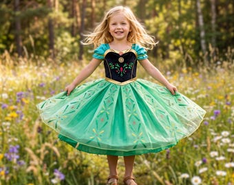 Vestido de princesa Anna para niñas – Vestido de coronación verde – Disfraz de Frozen para fiesta