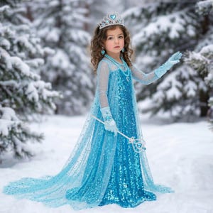 May include: A young girl in a blue sequined princess dress with a long train, gloves, and a tiara, stands in a snowy forest. She holds a silver wand with a blue gem. The dress has sheer sleeves and a sparkling overlay.