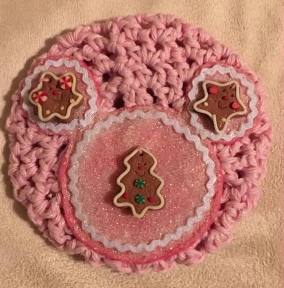 Handmade Light Pink Sparkle Bun Cover Snood with Disney Inspired Felt Mickey Mouse Felt Gingerbread Buttons for Up Do Hair Tie Hair Holder