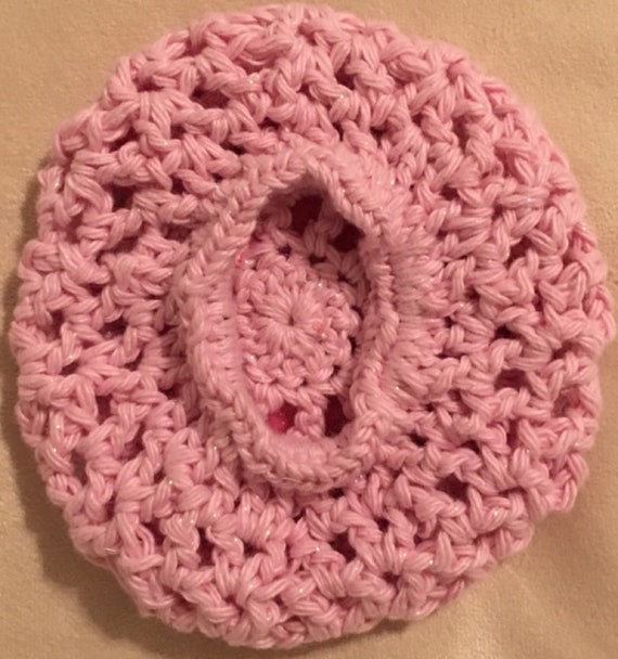Handmade Light Pink Sparkle Bun Cover Snood with Disney Inspired Felt Mickey Mouse Felt Gingerbread Buttons for Up Do Hair Tie Hair Holder