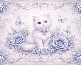 Rice paper landscape - Fluffy kitten with flowers and butterflies A4