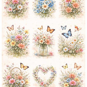 May include: Watercolor illustration featuring bouquets of colorful flowers and butterflies. The image showcases various floral arrangements, including bouquets, a heart-shaped wreath, and flowers in a basket and a jar. The color palette includes pink, blue, yellow, and orange.