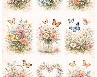 Rice paper - Wildflower bouquets and butterflies grid A4