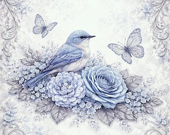 Rice paper Bluebird and blue flowers bouquet A4
