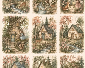 Rice paper - Whimsical fairy-tale cottages and forest scenes A4