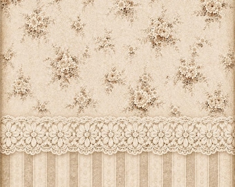 Rice paper -Beige vintage floral wallpaper with lace trim A4