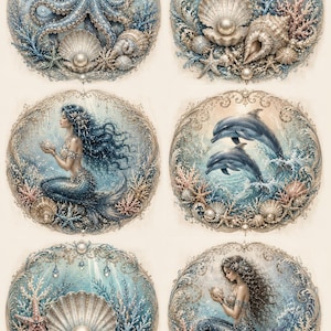 May include: A set of six circular decorative illustrations featuring aquatic themes including an octopus, seashells with pearls, dolphins, and mermaids. Each image is framed by intricate, ornate silver filigree borders with pearl accents.