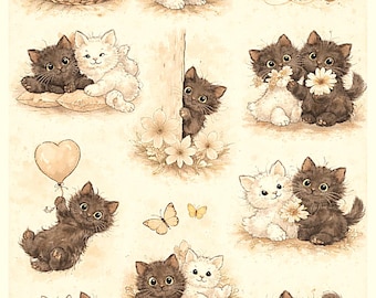 Rice paper - Cute kittens in soft watercolor art A4