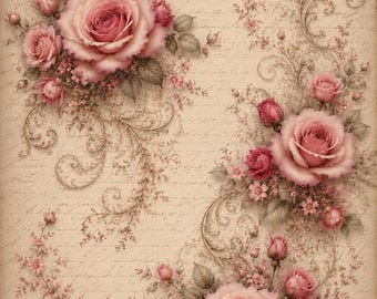 May include: A decorative sheet featuring three clusters of pink roses and rosebuds arranged on a beige background with faint, cursive script text. The floral arrangements are accented with intricate, swirling filigree patterns in a muted gold tone.