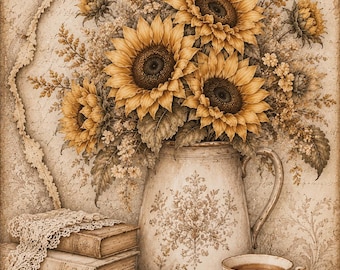 May include: A sepia-toned illustration featuring a bouquet of sunflowers in a ceramic pitcher, placed next to a stack of three old books draped with lace and a teacup on a saucer. The background displays a textured, vintage-style paper pattern.