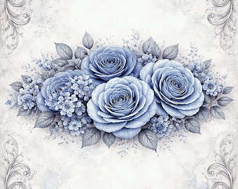 Rice paper - Elegant blue rose bouquet with filigree A4