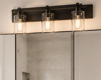 21 Inch Modern 3-Light Bathroom Vanity Light, Matte Black Wall Sconce with Thickened Clear Glass Shades, Industrial Over Mirror Light