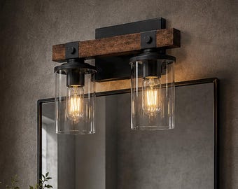 Rustic Wooden Bathroom Vanity Light 2-Light Farmhouse Wall Sconce - Industrial Lighting Over Mirror with Clear Glass