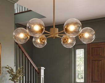 Gold Sputnik Chandelier 6-Light, Height Adjustable Brass Ceiling Pendant Light with Glass Globes, Modern Mid-Century Lighting Fixture