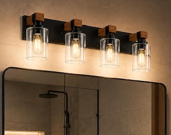 4-Light Farmhouse Bathroom Vanity Light, Rustic Wood Finish & Matte Black Wall Sconce, Vintage Industrial Vanity Light Fixtures Over Mirror