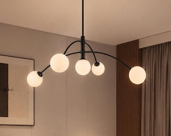 Nowoczesny, czarny żyrandol z 5 światłami, lampa sufitowa Sputnik z połowy XX wieku do jadalni i wyspy kuchennej, lampa wisząca ze szkła matowego