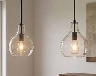 Lampadario a sospensione moderno a 1 luce, nero, con paralume in vetro trasparente, ideale per isola cucina in stile rustico.