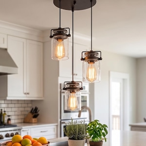 3-Light Kitchen Island Pendant Lighting, Matte Black Farmhouse Hanging Light Fixture, Adjustable Industrial Ceiling Lights for Dining Room