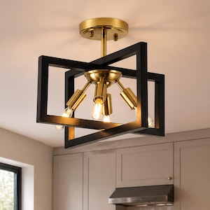 4-Light Modern Semi Flush Mount Ceiling Light, Black and Gold Candelabra Light Fixture, Industrial Geometric Chandelier, Metal Ceiling
