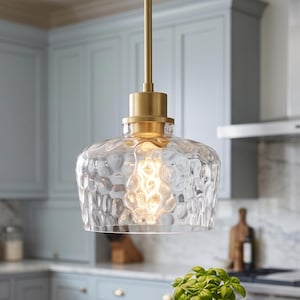 Gold Pendant Lights for Kitchen Island, 8-Inch Hammered Glass Pendant Light Fixture, Modern Brass Hanging Ceiling Lamp for Dining Room