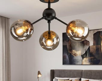 3-Light Black Chandelier, Modern Vintage Semi Flush Mount Ceiling Light Fixture with Antique Glass Globes - Rustic Close to Ceiling Light