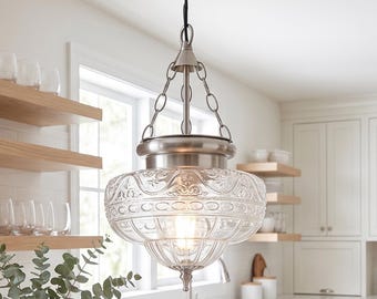 Lámpara colgante de níquel cepillado para isla de cocina, lámpara colgante de vidrio con textura floral, lámpara de techo estilo rústico de 1 luz para comedor.