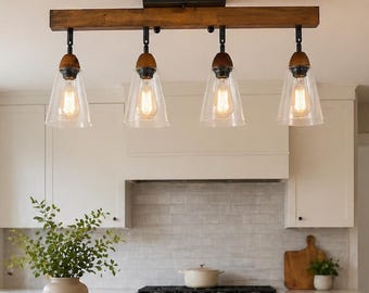 4-Light Large Rustic Farmhouse Flush Mount Ceiling Light, Oak Wood Finish Track Lighting Clear Seeded Glass, Semi Flush Mount Wood Ceiling