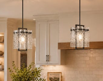 1-Light Elegant Water Ripple Glass Pendant Light, Modern Matte Black Hanging Light Fixture,  industrial Glass Chandelier Kitchen Island